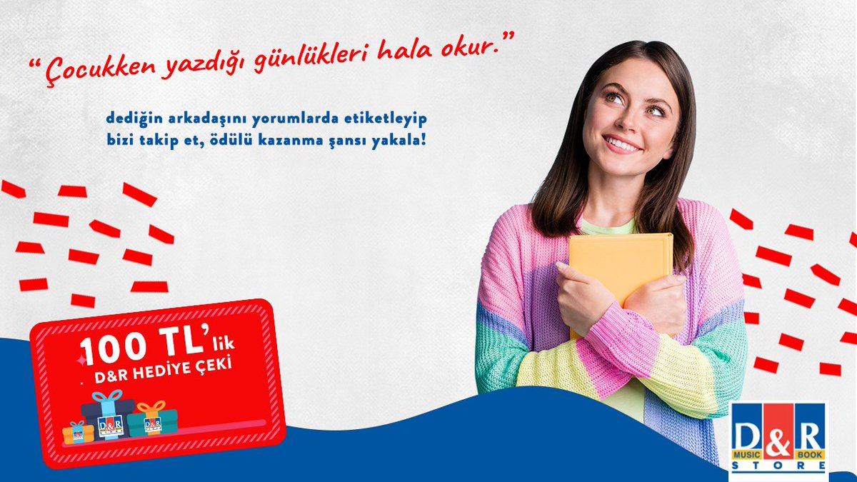 DRdunyasi's tweet photo. Sadece takipçilerimize özel, Cuma şansı D&amp;R yarışması bu hafta, çocukluk anılarını günlüklerinden okuyanlar için geliyor. Bizi takip edip arkadaşını bu postun altına etiketle, 100 TL'lik D&amp;R hediye çeki kazanma şansı yakala!

#Şans #Çekiliş #Yarışma #Kitap https://t.co/t4WCHyqKmQ