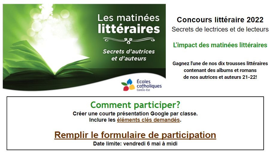 Lancement du concours littéraire 2022 pour souligner la Journée mondiale du livre et du droit d'auteur:
"L'IMPACT DES MATINÉES LITTÉRAIRES"
Inscrivez votre classe avant le 6 mai 2022!
ecolecatholique.ca/ValerieFontaine
#litteratiececce
<a href="/MmeAndreeG/">Andree Girard</a> 
<a href="/medugna/">Natacha Medugno</a> 
<a href="/NancyDion349/">Nancy Dion</a> 
<a href="/richer_eve/">Marie-Eve Richer</a>