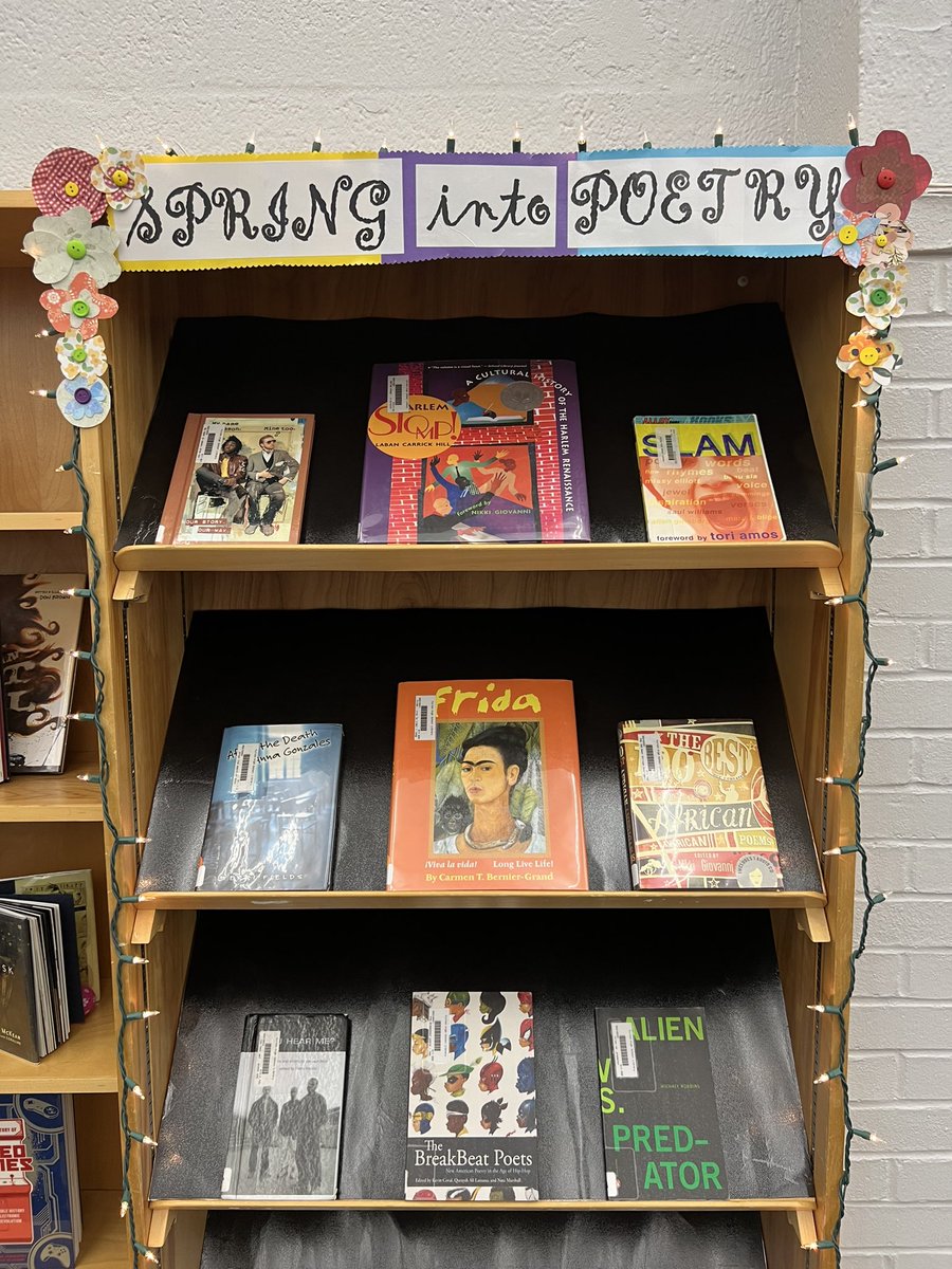OverIntheLib's tweet photo. Weโve been celebrating #NationalPoetryMonth in the library with students making their own #bookspinepoetry This is Fun! #kcslms https://t.co/LkYDZSOGbQ