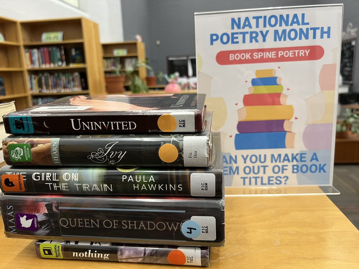 OverIntheLib's tweet photo. Weโve been celebrating #NationalPoetryMonth in the library with students making their own #bookspinepoetry This is Fun! #kcslms https://t.co/LkYDZSOGbQ