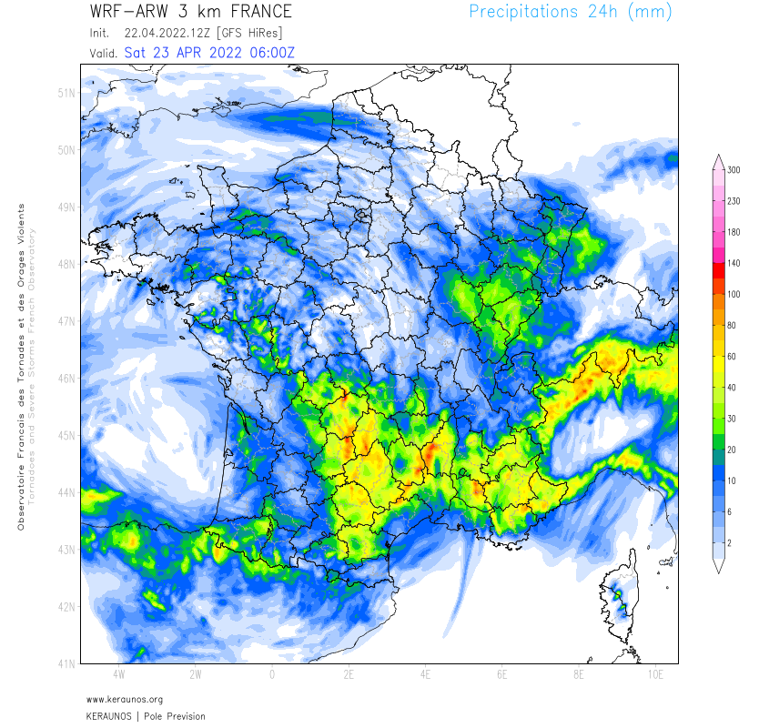 Bon arrosage prévu dans le sud demain, avec des #orages prévus jusqu'au nord-ouest du pays. 
Des cumuls localement abondants sont attendus entre Massif-Central et sud des #Alpes 