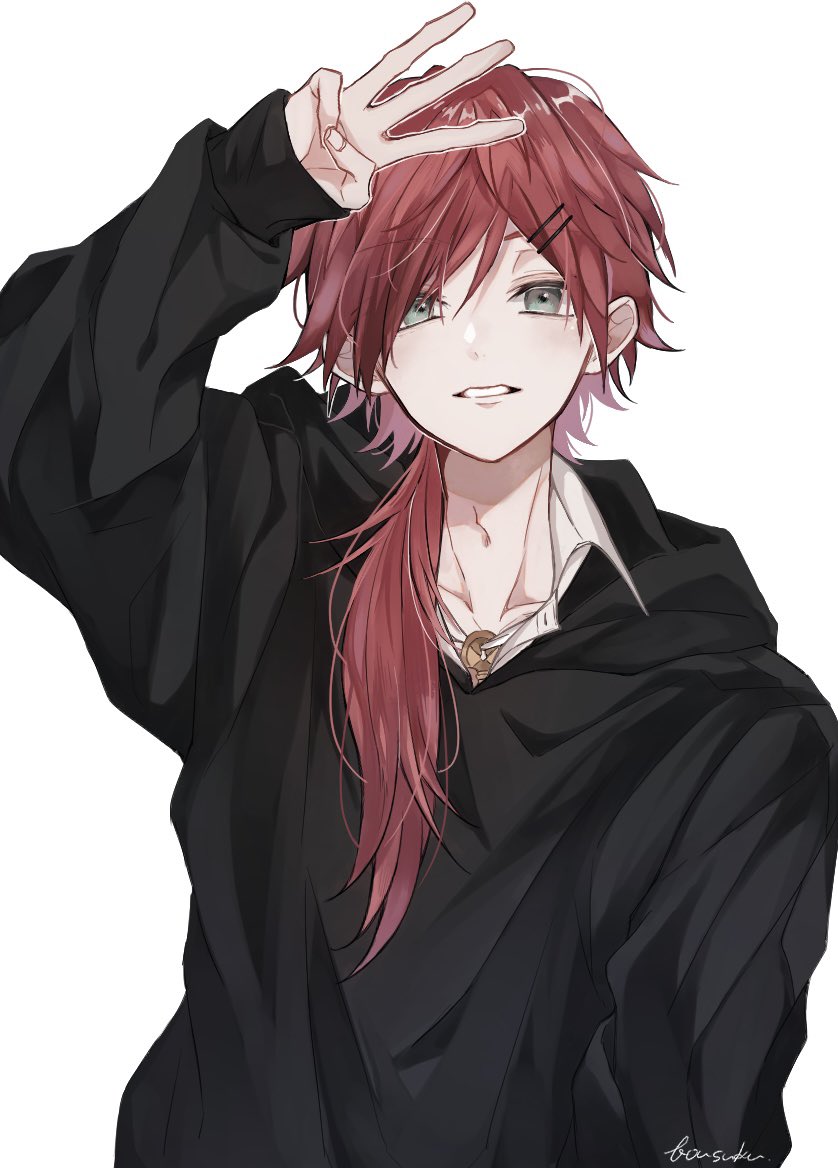 male focus 1boy solo red hair long hair hood white background  illustration images