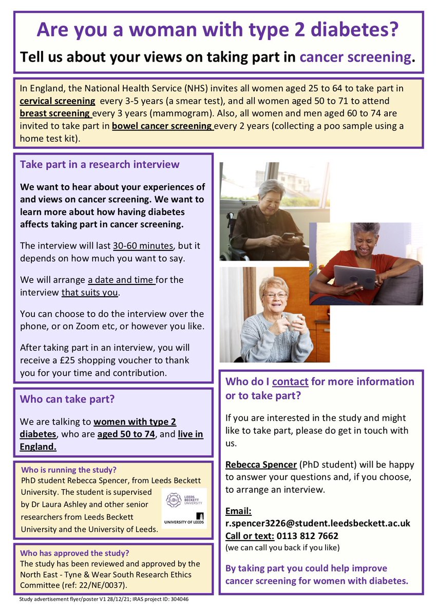 We are looking for women with type 2 diabetes to take part in a research interview about cancer screening.