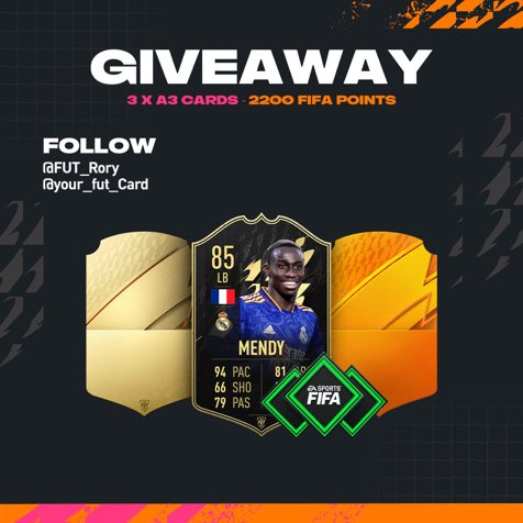 FLASH 2 HOUR GIVEAWAY ⚡️

4 WINNERS 🎉

1 x 2200 FIFA points 
3 x A3 fut cards - customisable 

To enter: 

- retweet 
- follow me &amp; <a href="/Your_Fut_Card/">OfficialYourFutCard</a> 

Good luck 🍀