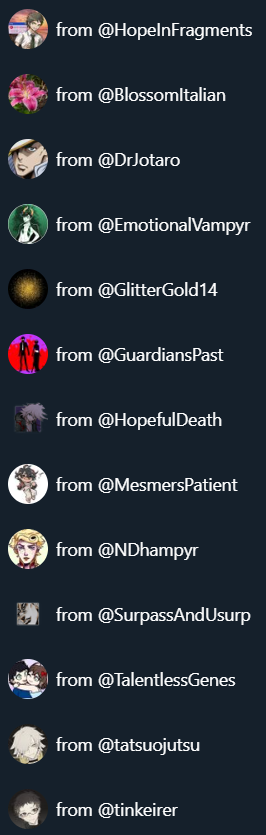 ((Aight it's been a bit so here are all my other accounts, across various fandoms, including OCs.  Will RT this tweet from all of these.

Also, my Tellonym includes all of these characters on it: tellonym.me/alex.mun.colle…
