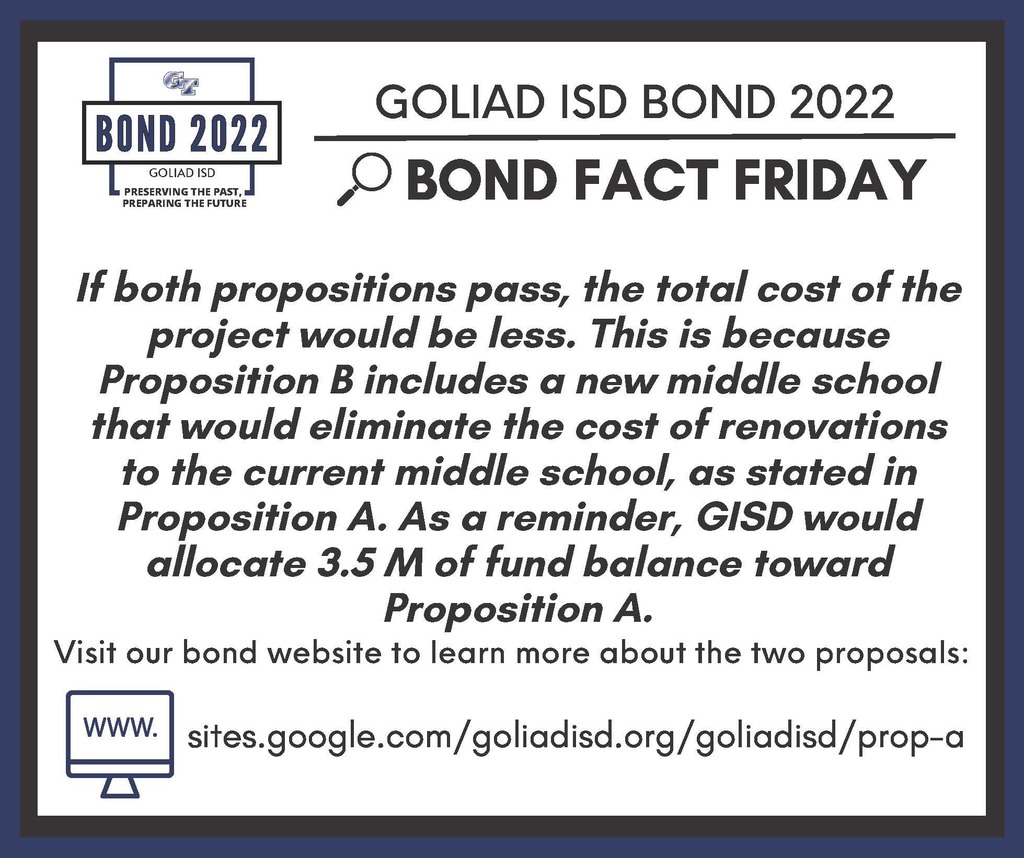 Bond Update!!
Early Voting Starts April 25
Please visit our bond website for all Bond Information!!

goliadisd.org