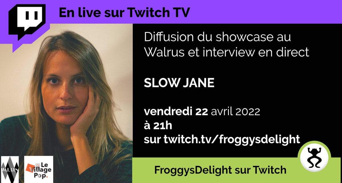 Ce soir avec nos amis de <a href="/pop_village/">Le Village Pop</a> diffusion du showcase au <a href="/WalrusDisquaire/">Walrus</a> de Slow Jane puis en interview... 
de la folk pop douce qui vous fera tout oublier... C'est à 21h sur #twitch  
twitch.tv/froggysdelight
<a href="/TwitchHelpFr/">TwitchHelpFr - Aide petits streamers</a> <a href="/help_streamers/">HelpSmallStreamers (#helpstreamers)</a> <a href="/StreamFrancais/">StreamFrancais</a> @RTStreamee