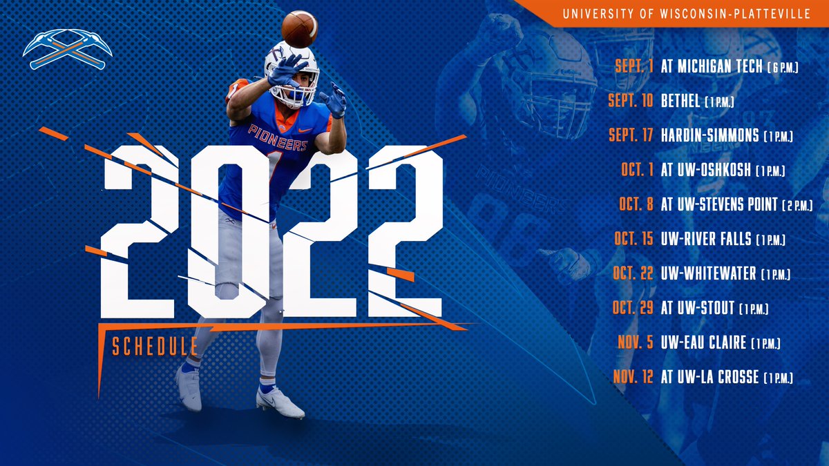 uwp_pioneers's tweet photo. 📅Get your calendars out! The 2022 @UWPlattFootball  schedule is here! #SwingTheAxe 
Read the full release at: https://t.co/imebbPZA0e
#uwp #uwplatteville #platteville #wiac #d3football https://t.co/xJrWap32HI