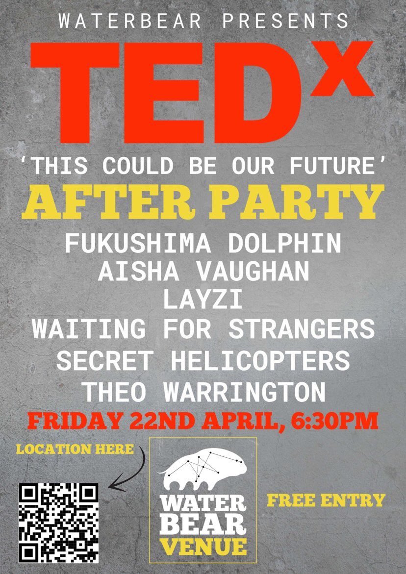Looking for somewhere to go after #tedxbrighton today? 

Our friends at <a href="/wearewaterbear/">WaterBear</a> have put on the music you have heard through the event are holding an after party at their venue on the seafront. 

Scan the QR code for directions!