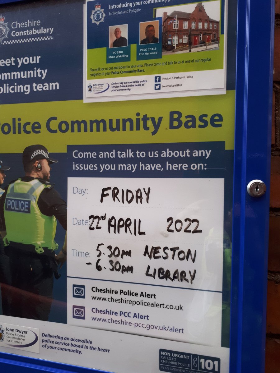 This weeks joint Police / Councillor surgery will be from 5.30-6.30pm this evening at Neston Library. If you would like to discuss an issue but can't attend try sending a direct message via Neston and Parkgate Police Facebook or Twitter accounts.
#WeCare #StreetSafe