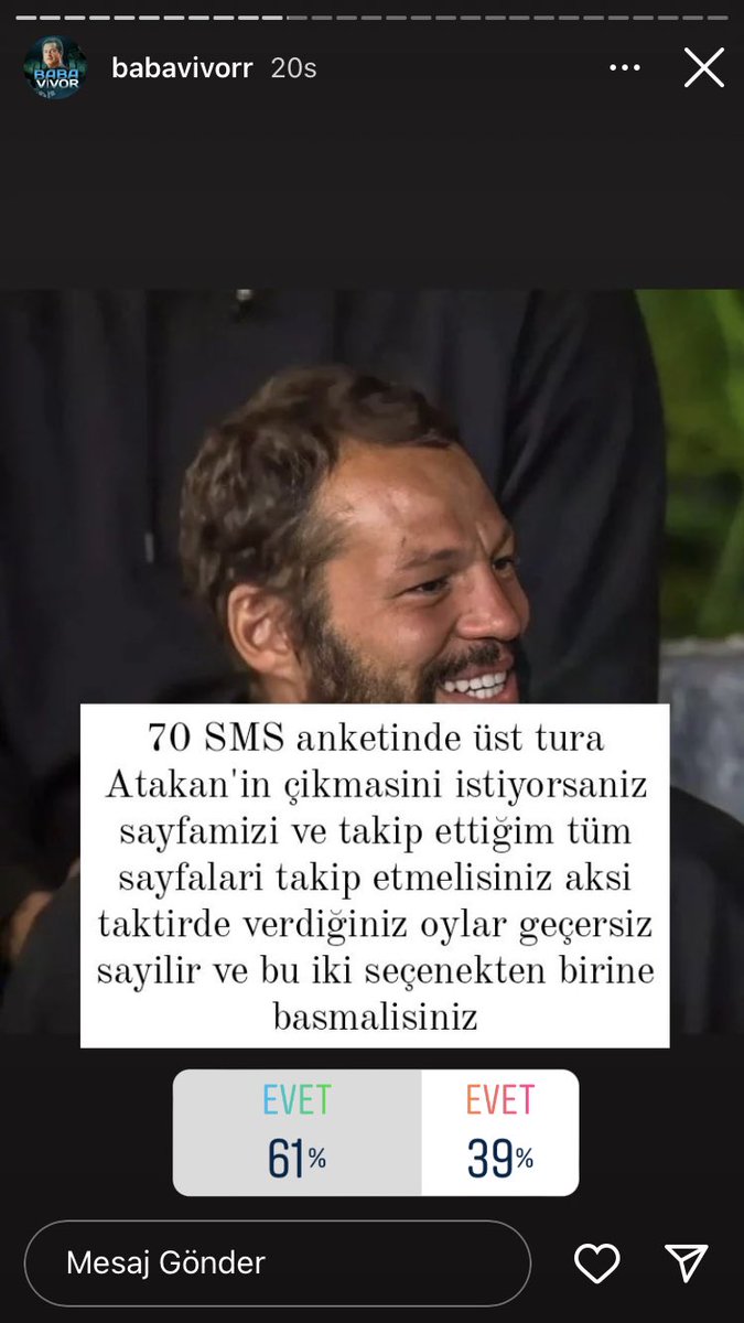 TeamAvatarAnket's tweet photo. #TeamAvatar instagramda @babavivorr isimli hesabın storysinden Atakan’a oy vermeyi unutmayalım lütfen.🙏🏻 https://t.co/9JNgIGz9KQ