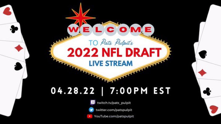 patspulpit's tweet photo. Year 2 of the Pats Pulpit NFL Draft Round 1 live stream is back! Starting at 7pm EST on April 28th, @KeaganStiefel, @Ryan_Keiran, @BPhillips_SB, and @plane_pats (and more? 👀) will be live, hanging out as Round 1 progresses. Follow all of the socials below so you don’t miss out! https://t.co/NXBTbSGH65