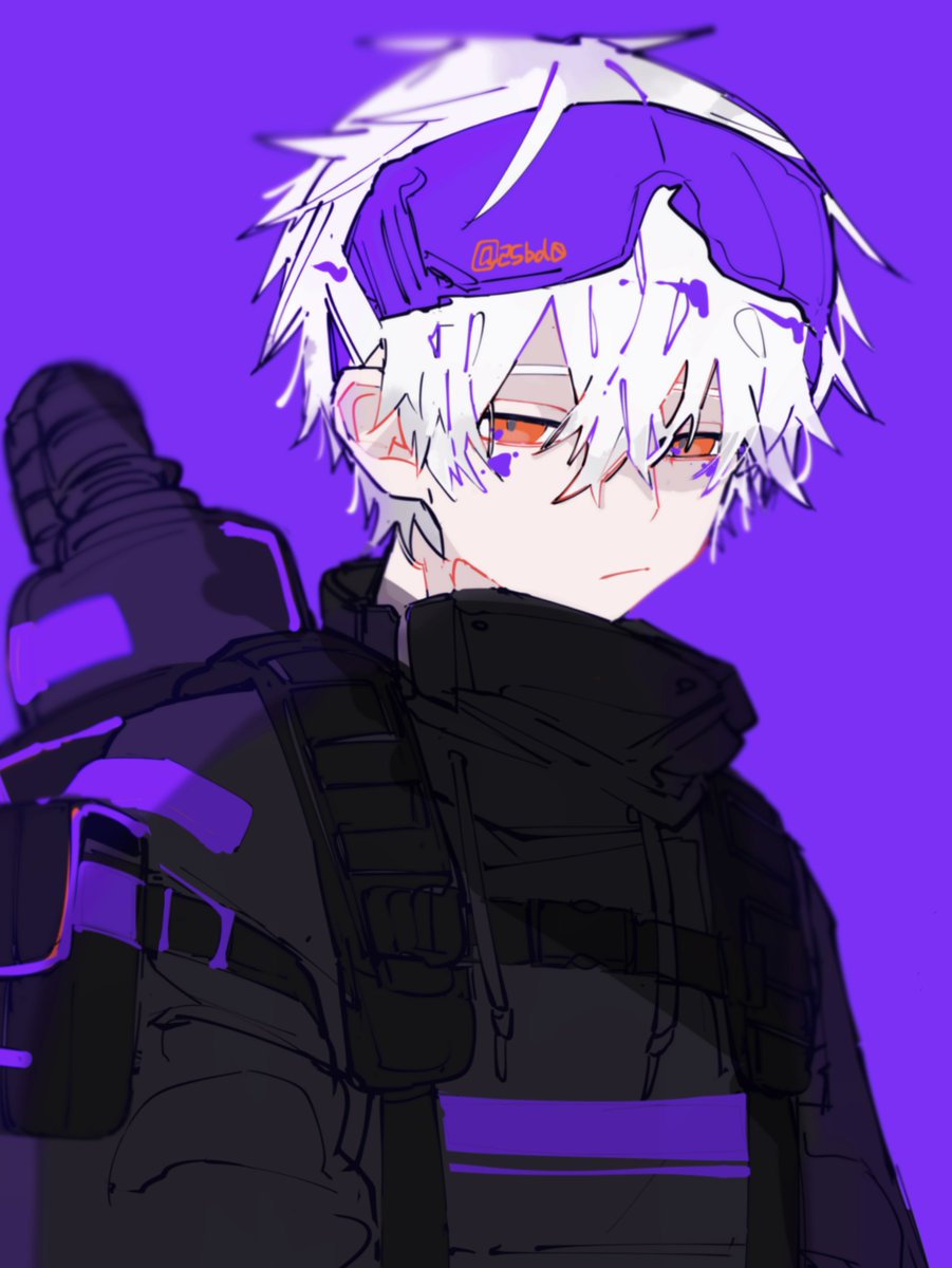 1boy male focus white hair purple background solo simple background red eyes  illustration images