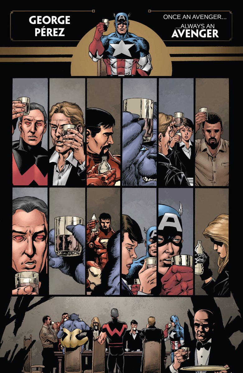 Uarevaa's tweet photo. Nesta semana a Marvel lançou Avengers #55, edição que incluiu uma página homenagem à George Pérez, que está com câncer terminal. Desenhada pelo próprio Pérez, a pagina foi retirada do especial Avengers Finale, de 2004.
#Avengers #MarcelComics #GeorgePerez https://t.co/eMl1lGx7dC