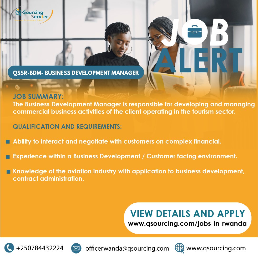 QSSRwanda's tweet photo. Job Alert!
EACOP - Business Development Manager position open.
Send cv and application to officerwanda@qsourcing.com
#submitcv
#jobsinrwanda
#recruitment2022
#outsourcingjobs https://t.co/imsgY2dy3W