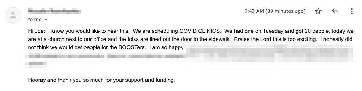 joeagoada's tweet photo. Just got this email from a free clinic we serve @Sostento 👏

The clinic was about to fire their covid staff as safety net support had run out 🙁

We delivered a $50,000 grant to the clinic through our @HRSAgov award &amp; today they had a vaccine clinic with a line out the door 😊 https://t.co/KOrQkb4Eqx