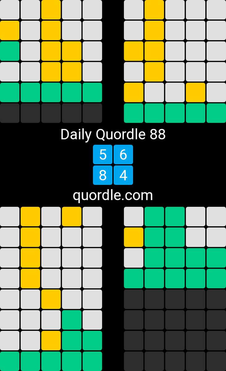 Daily Quordle 88
5️⃣6️⃣
8️⃣4️⃣
quordle.com