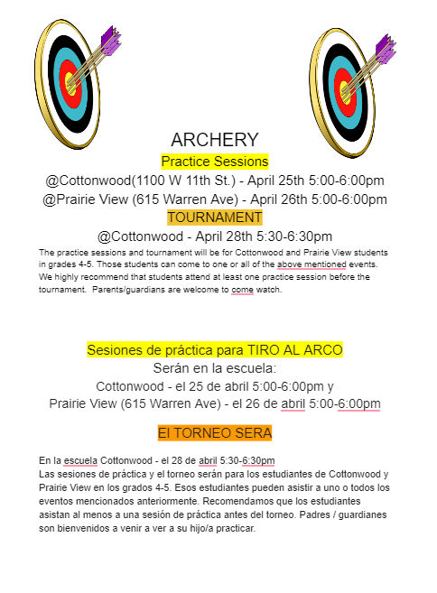 Archery Tournament coming Next Week for 4th and 5th graders! Please come to the practice sessions and the tournament on April 28th!