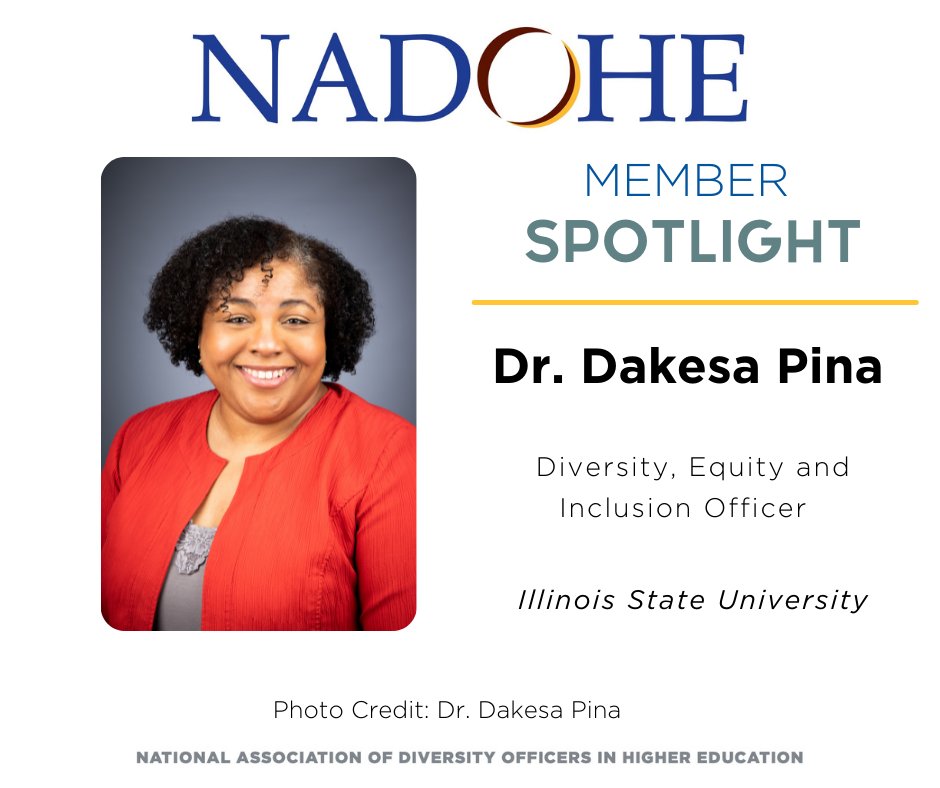 NADOHE President (@nadoheprez) on Twitter photo Today we spotlight Dr. <a href="/DakesaPina/">Dakesa Pina</a>, diversity, equity, and inclusion officer at <a href="/IllinoisStateU/">Illinois State</a>. Dr.Pina is the first college-level DEI officer at the university. She holds a Ph.D in marriage and family therapy, and received the Neal R. Gamsky Quality of Student Life Award. Today we spotlight Dr. <a href="/DakesaPina/">Dakesa Pina</a>, diversity, equity, and inclusion officer at <a href="/IllinoisStateU/">Illinois State</a>. Dr.Pina is the first college-level DEI officer at the university. She holds a Ph.D in marriage and family therapy, and received the Neal R. Gamsky Quality of Student Life Award.
