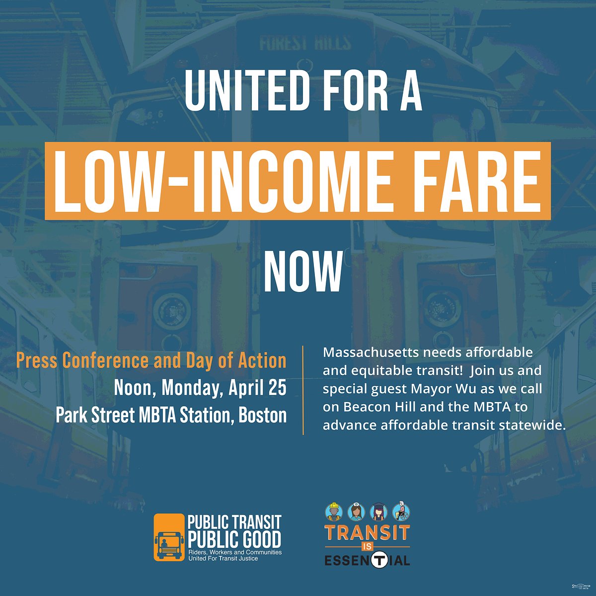massCLU's tweet image. 🚉 Public transit is a public good, and we should all be able to afford it. 

✊ Join @PTPGcoalition, #TransitisEssentialMA, &amp;amp; @MayorWu to stand up for a low-income fare!
🗓️ NOON on Monday, April 25

📍Outside Park St. Station in downtown Boston
 fb.me/e/1PjxCqj4Q