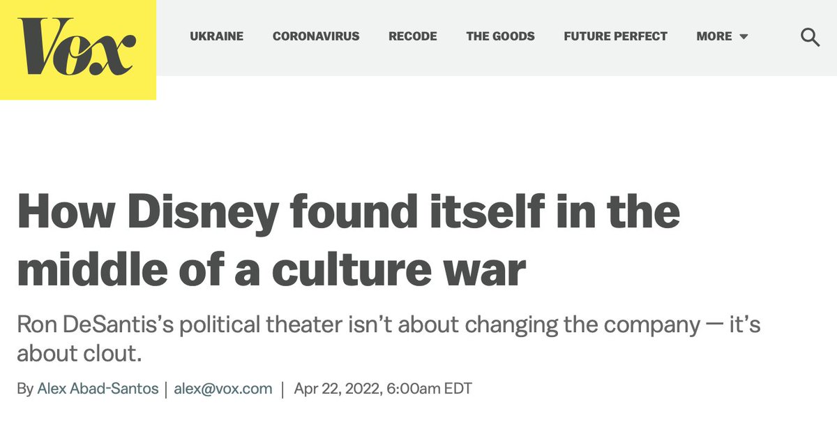 SonnyBunch's tweet image. Disney’s biggest mistake was listening to outlets like Vox and letting activists within the company overrule Bob Chapek who, wisely, tried to keep Disney out of all this.