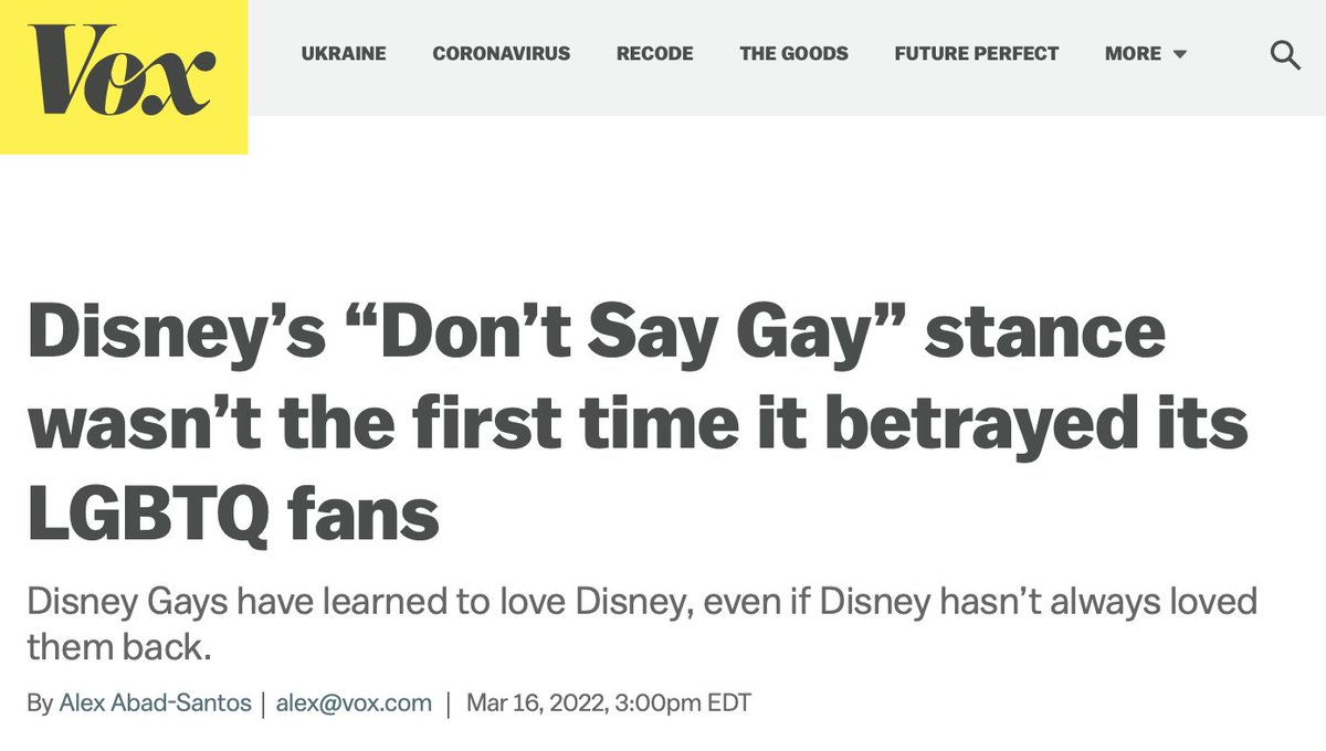 SonnyBunch's tweet image. Disney’s biggest mistake was listening to outlets like Vox and letting activists within the company overrule Bob Chapek who, wisely, tried to keep Disney out of all this.