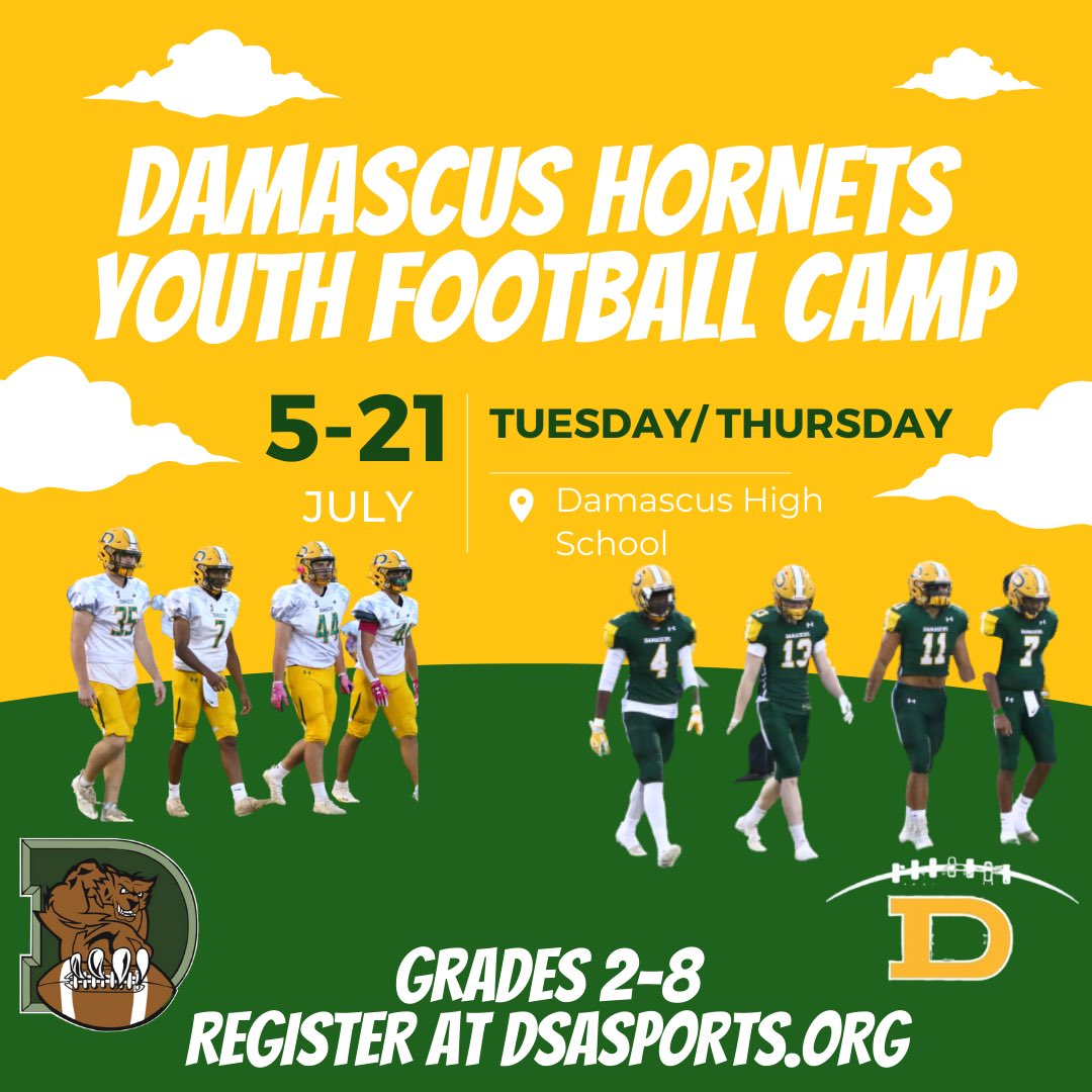 DmassFootball's tweet photo. Calling all future Swarmin’ Hornets! 

Registration now open through https://t.co/8L6lsPRyuN

@DamascusCougars @DSAfootball1 @DHSAthleticBC https://t.co/bZccrhVvsV