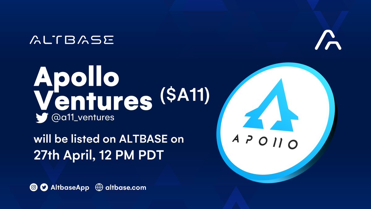 AltbaseApp's tweet photo. We would like to give a Warm Welcome to @a11_ventures to the Altbase app. 📱

Starting Wednesday 27th April - 12 PM PDT Apollo Ventures $A11 will be featured on #Altbase. 📅

Set your timers! ⌛️ https://t.co/X25dUbIaff