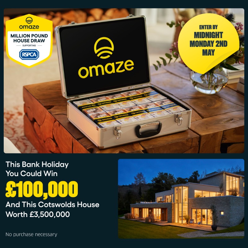 OmazeUK's tweet photo. Your chance to bank £100,000 this bank holiday weekend. Enter our Cotswolds House Draw by Midnight Monday 2nd May