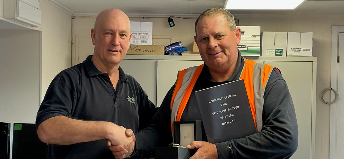 Massive congratulations and thank you to Paul Harsley who celebrated 25 years working for Mountain Transport and Mid UK Recycling this week. Paul (Wobble) is pictured below receiving a well deserved gift from Transport Manager, Rick Legg. #recycling #transport #ThankYou