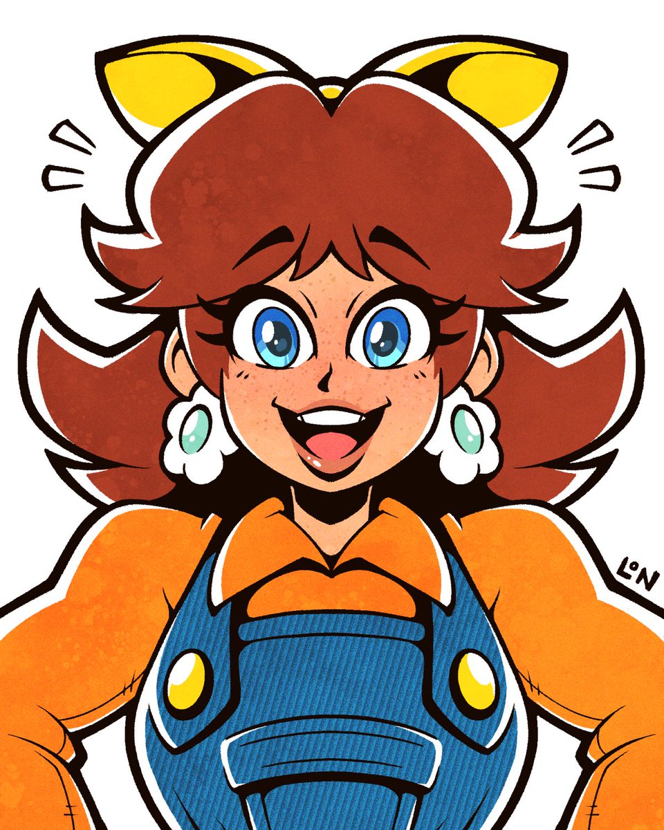 princess daisy 1girl solo brown hair overalls earrings jewelry blue eyes  illustration images