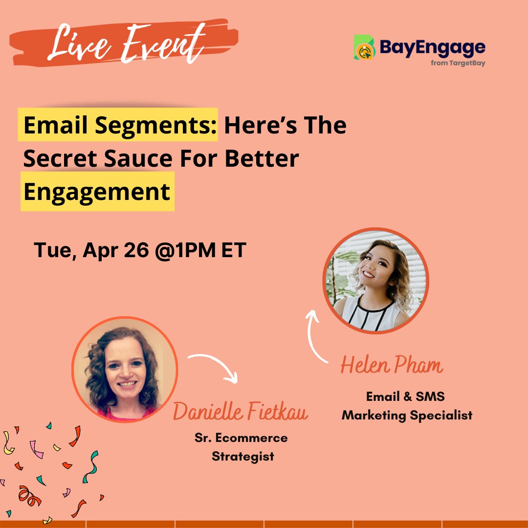 TargetBay's tweet photo. BayEngage is set to host a live event on: Email Segments: Here’s The Secret Sauce For Better Engagement

Save your spot here!
https://t.co/eqCsdUrQ0k

#bayengage #targetbay #emailmarketing #emailmarketingtips  #webinars2022 #webinaralert #bayengagepowerupsessions https://t.co/Z2IUiHpYxG