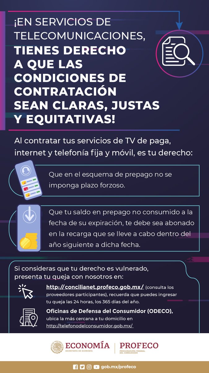 Profeco's tweet photo. 🌐Tu contrato de #Telecom únicamente pueda ser modificado con tu consentimiento. 

🧐Si no estás de acuerdo con las modificaciones o no diste tu consentimiento, puedes dar por terminado el contrato sin penalización, aunque el plazo forzoso no haya vencido. https://t.co/zddTmOV7oj