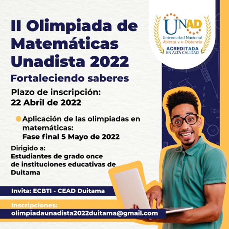 Yadycamo's tweet photo. La Universidad Nacional Abierta y a Distancia UNAD, CEAD Duitama y la Escuela de Ciencias Básicas tienen el gusto de extender la invitación a participar en la  II Olimpiada de Matemáticas UNADISTA 2022. 

https://t.co/6yEez4kA2q https://t.co/QspLtRRRWs