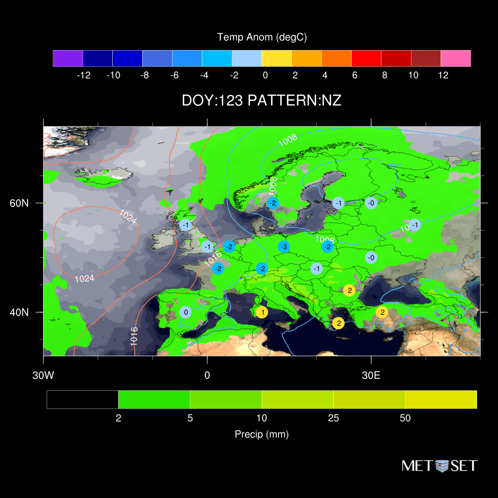 Northerly coldest direction now. Outlook sees Nordic high (HNF=High over Norwegian sea and Fennoscandia, Z=cyclonic) shift to HNZ (just Norwegian Sea) opens the door to northerly. Colder version of this is NZ (Northerly Cyclonic) which threatens UK May Bank holiday of course...