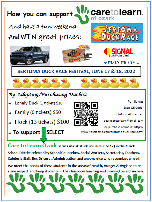 C2LOzark's tweet photo. Summer is just around the corner and the Duck Race is coming!! Please support the 4C Sertoma Club as they support Care to Learn Ozark. You can purchase tickets for the Race at https://t.co/JYUUyDiFQh!! Help us help kids!
@ozarktigers @caretolearn @4Csertoma @ozarkMO https://t.co/CYzrcem8bH