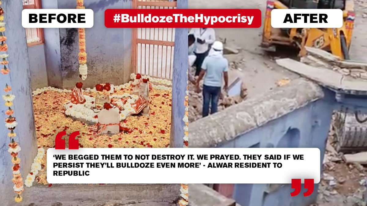 republic's tweet photo. #BulldozeTheHypocrisy

Multiple party delegations - from Sonia Gandhi’s Congress to Akhilesh’s SP &amp; from Left to AIMIM -  all went to Jahangirpuri. Why not Alwar where a 300-year-old Temple &amp; dozens of houses were razed?

Tweet your view with the hashtag https://t.co/Lg9Kt8pvUh https://t.co/RAfmW34Tbn