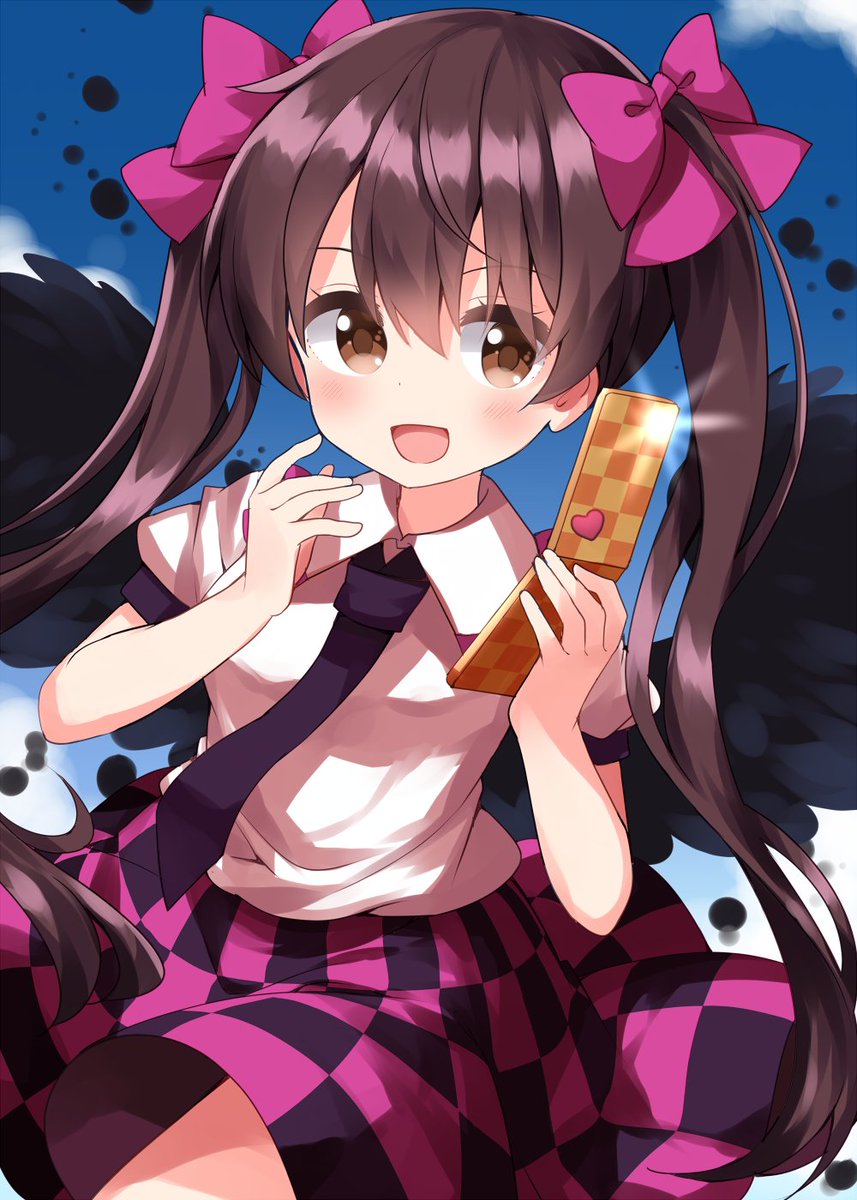 himekaidou hatate 1girl solo skirt twintails brown hair phone brown eyes  illustration images