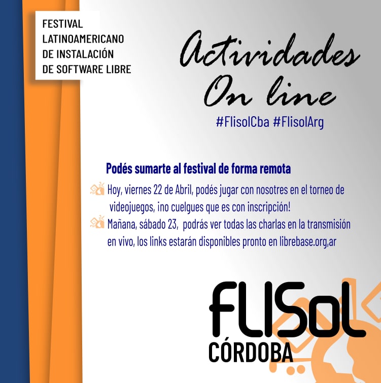 FLISoLCordoba's tweet photo. No podés venir al #FlisolCba ? No importa! Participa online!
Viernes: torneo de videojuegos libres online (con inscripción)
Sábado: charlas online.
Todo en https://t.co/GeNsy84STj https://t.co/D5Ah0uzOXa