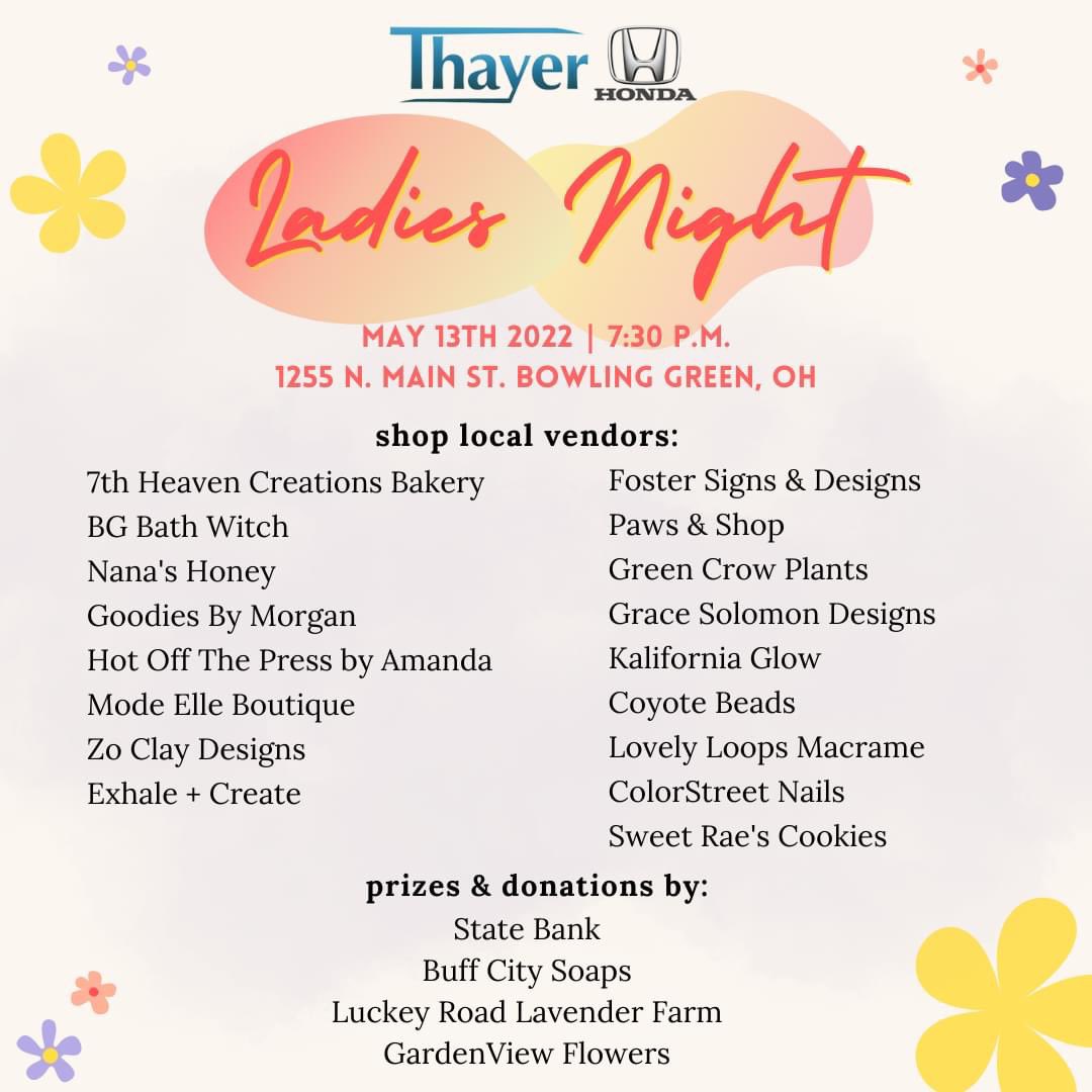 thayerhonda's tweet photo. Our vendor list for Ladies Night is here and looking HOT!💥 Shop more vendors than ever this year. AND, did someone say.. Shopping &amp; Charcuterie?! You do NOT want to miss this night! 😍 #StayTuned https://t.co/1qCAEoqs5Z