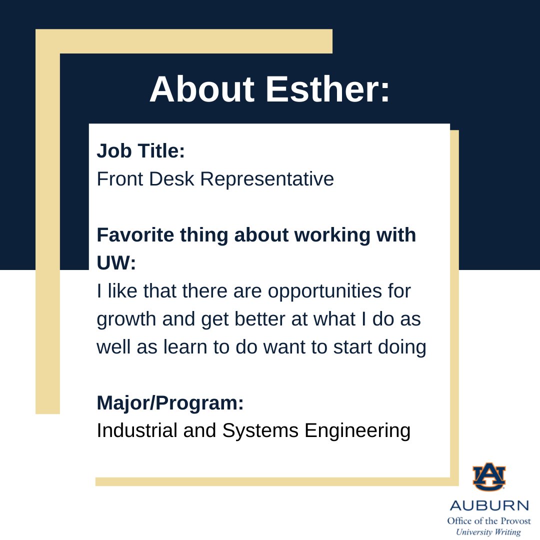 UnivWritingAU's tweet photo. Today we're putting front desk representative Esther in the University Writing Spotlight! Scroll through these images to learn more about her. #UniversityWriting #AuburnUniversity #Auburn #WritingAtAU #auburnuniversity https://t.co/uJGrEaEbHN