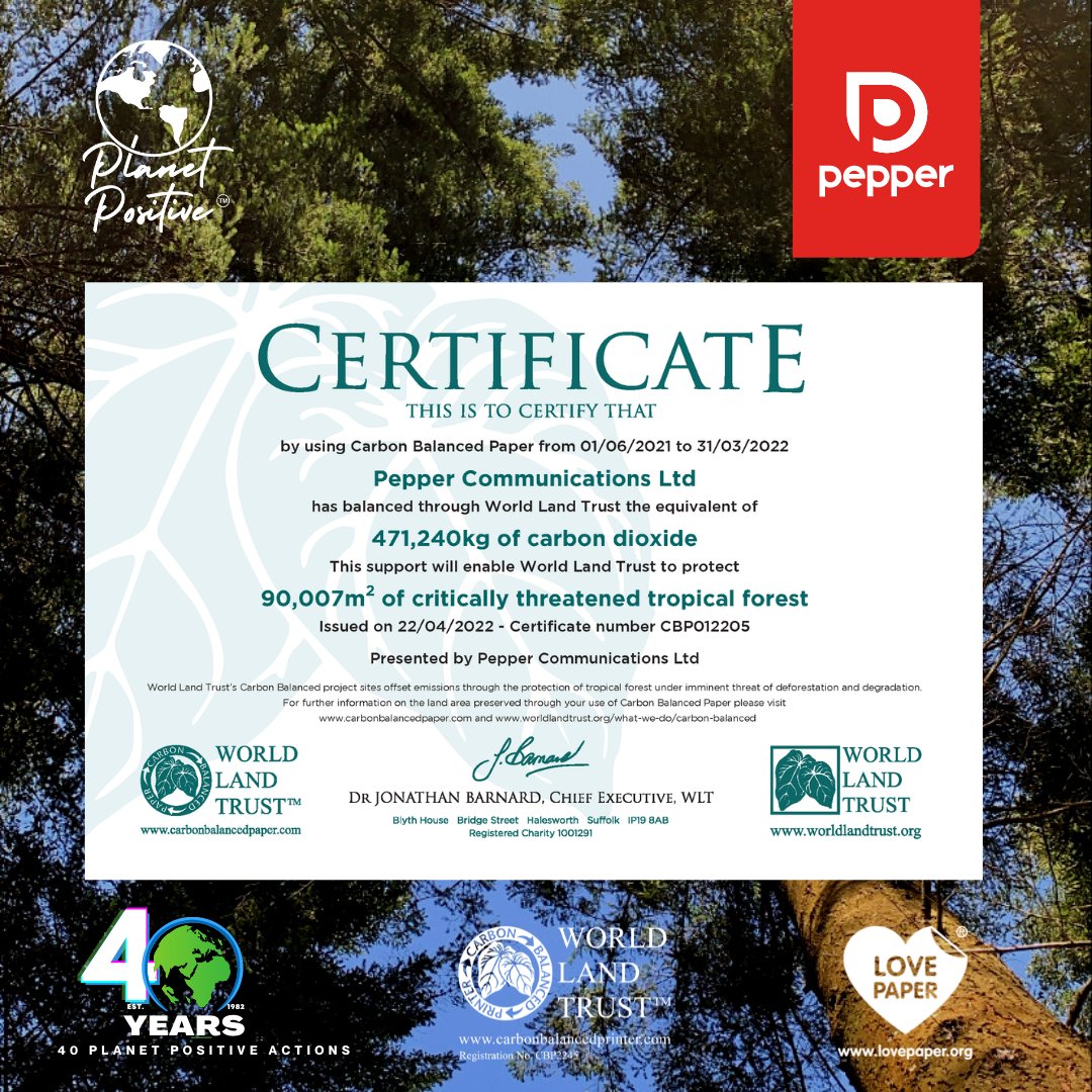 PepperComms's tweet image. A huge thank you to all of our customers this year that have helped us carbon balance 471 tonnes of CO2 from the atmosphere.

#earthdayeveryday #earthday2022 #sustainablemarketing #lovepaper