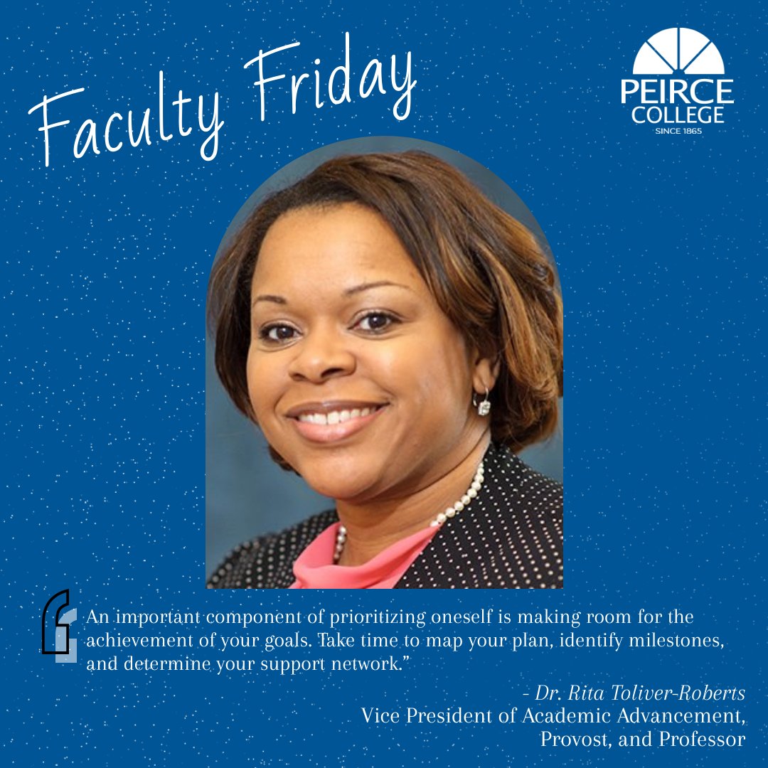 PeirceCollege's tweet photo. This week’s #FacultyFriday is Dr. Rita Toliver-Roberts. She is the Vice President of Academic Advancement, Provost, and Professor at Peirce College. She has over 20+ years of experience working in higher #education &amp; and has worked at Peirce for over 20 years. #feature #friday https://t.co/N4c0YlAUlm