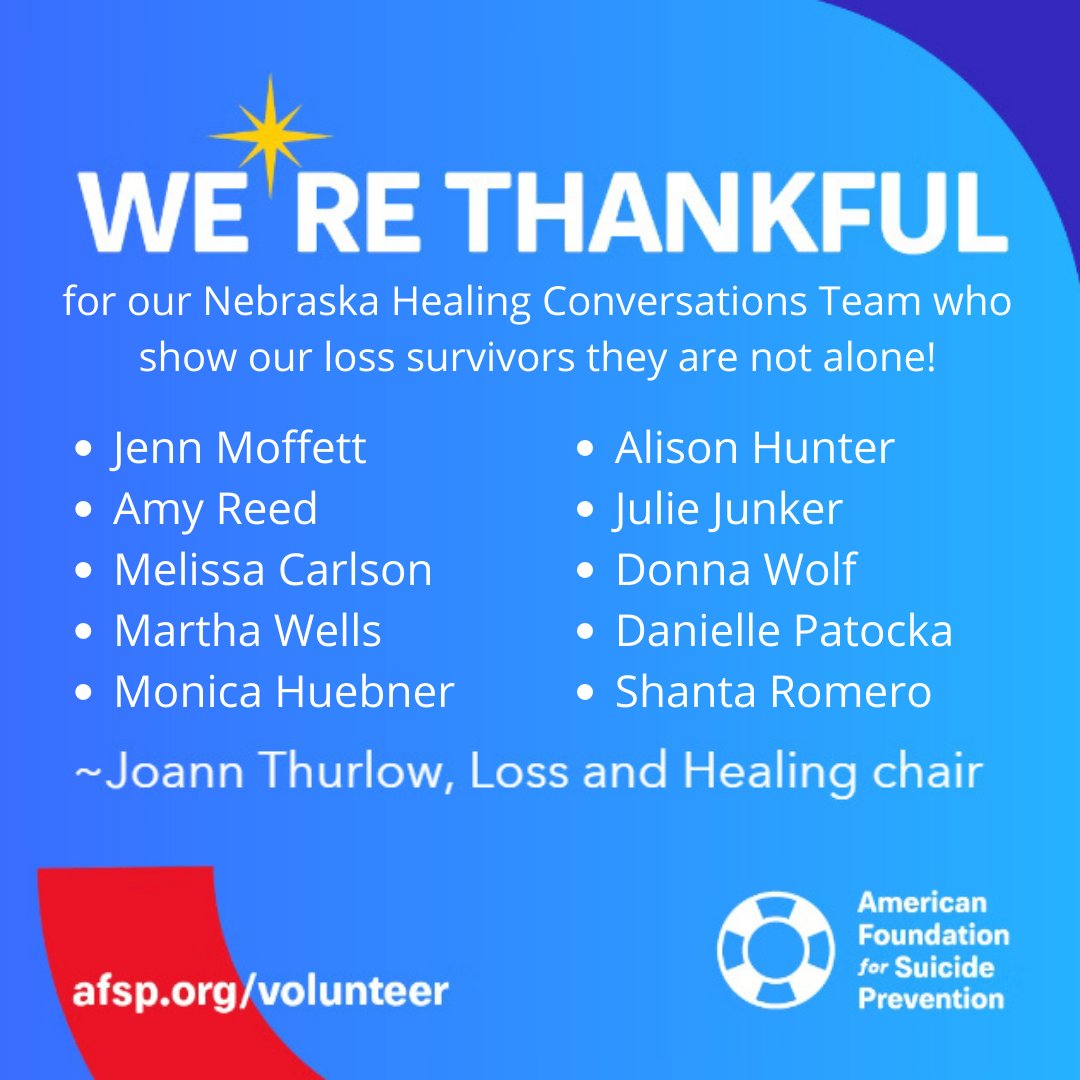 AFSPNebraska's tweet photo. Thank you to our amazing Healing Conversations Team! We see your efforts and they have definitely not gone unnoticed! 💯 💯💯
#NationalVolunteerWeek #AFSPNebraska https://t.co/YRbxqPNDCX