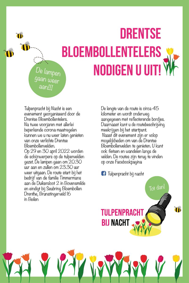 MtsJoling's tweet photo. 🌷💡𝔻𝔼 𝕃𝔸𝕄ℙ𝔼ℕ 𝔾𝔸𝔸ℕ 𝔸𝔸ℕ!!💡🌷

🌷 29 en 30 april 2022
💡aan 20.30 uur
💡uit  23.30 uur
🌷 start Melkvee &amp; Loonbedrijf Timmermans 

#drentsebloembollentelers 
#tulpenprachtbijnacht 
#uittip #tulpenvelden 
#watisertedoenindrenthe https://t.co/t5I1jRHqjh