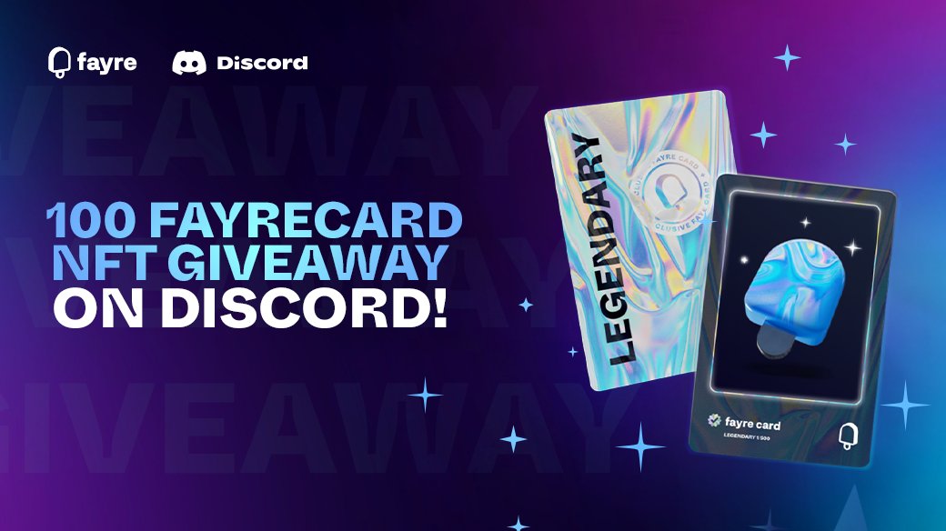 FayreLabs's tweet photo. Hello Fayre family, here’s another giveaway! We’re giving out 100 FayreCard #NFTs for 100 lucky people on our Discord server!
  
TO ENTER👇
✅ Join our Discord server: https://t.co/2JqYkSlSEg
✅ Verify yourself
✅ Browse to the #giveaway channel and react to the post! https://t.co/Sixl1DXTRr