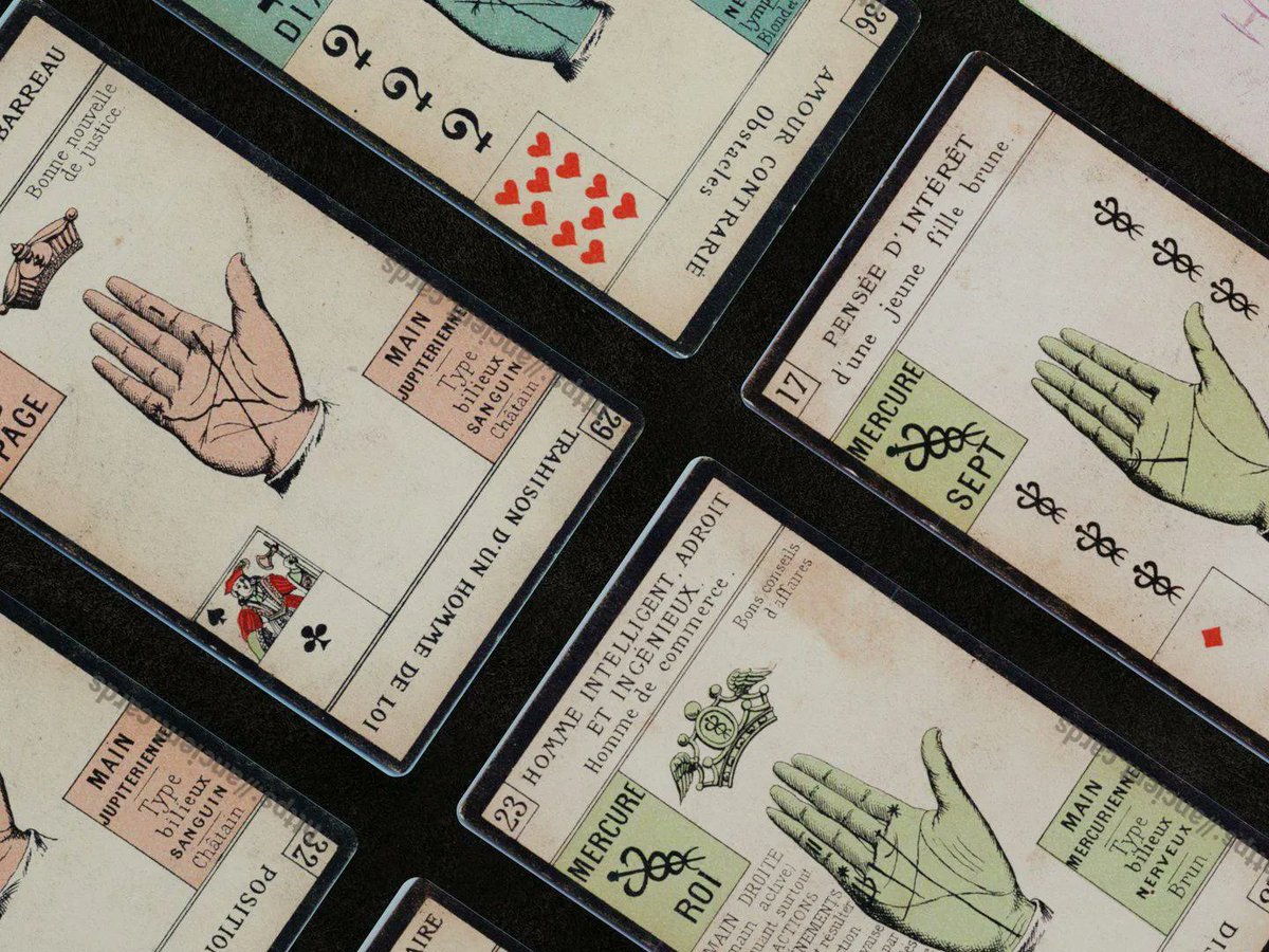 MaisonEtteilla's tweet photo. Intriguing Tarot cards that mixes palm reading and divination tarot made by Grimaud made around 1890 in France. More photos here 👉 https://t.co/PbvwXaGKNb

#tarot #TarotReading #dailytarot  #playingcards #tarotcards https://t.co/xdNZf6dAno