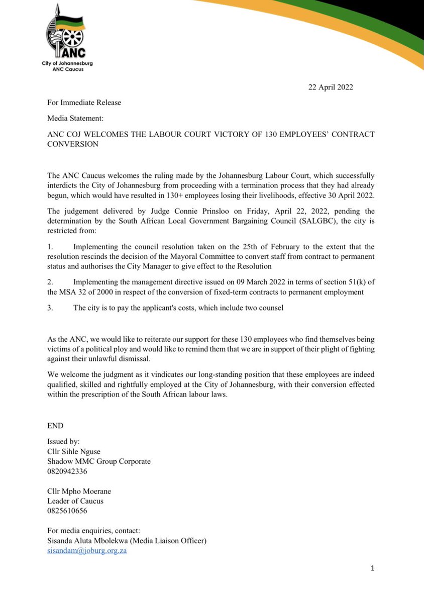 [READ] For Immediate Release

MEDIA STATEMENT: 
ANC Caucus Welcomes The Labour Court Victory of 130 Employees’ Contract Conversion