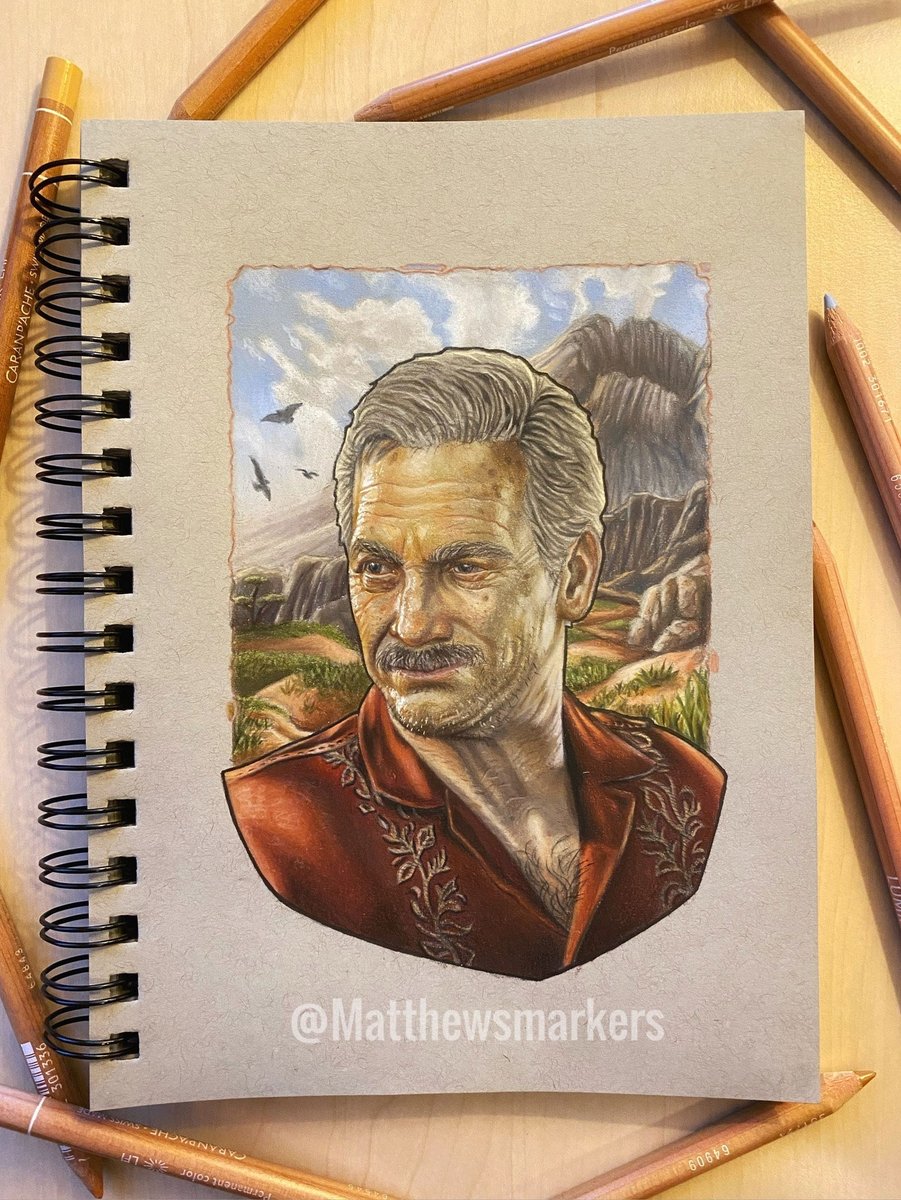 A color portrait of Victor Sullivan from UNCHARTED. He had silver hair, tan skin, and silver moustache and is wearing a red patterned button-up shirt. The background features a mountainous savannah.