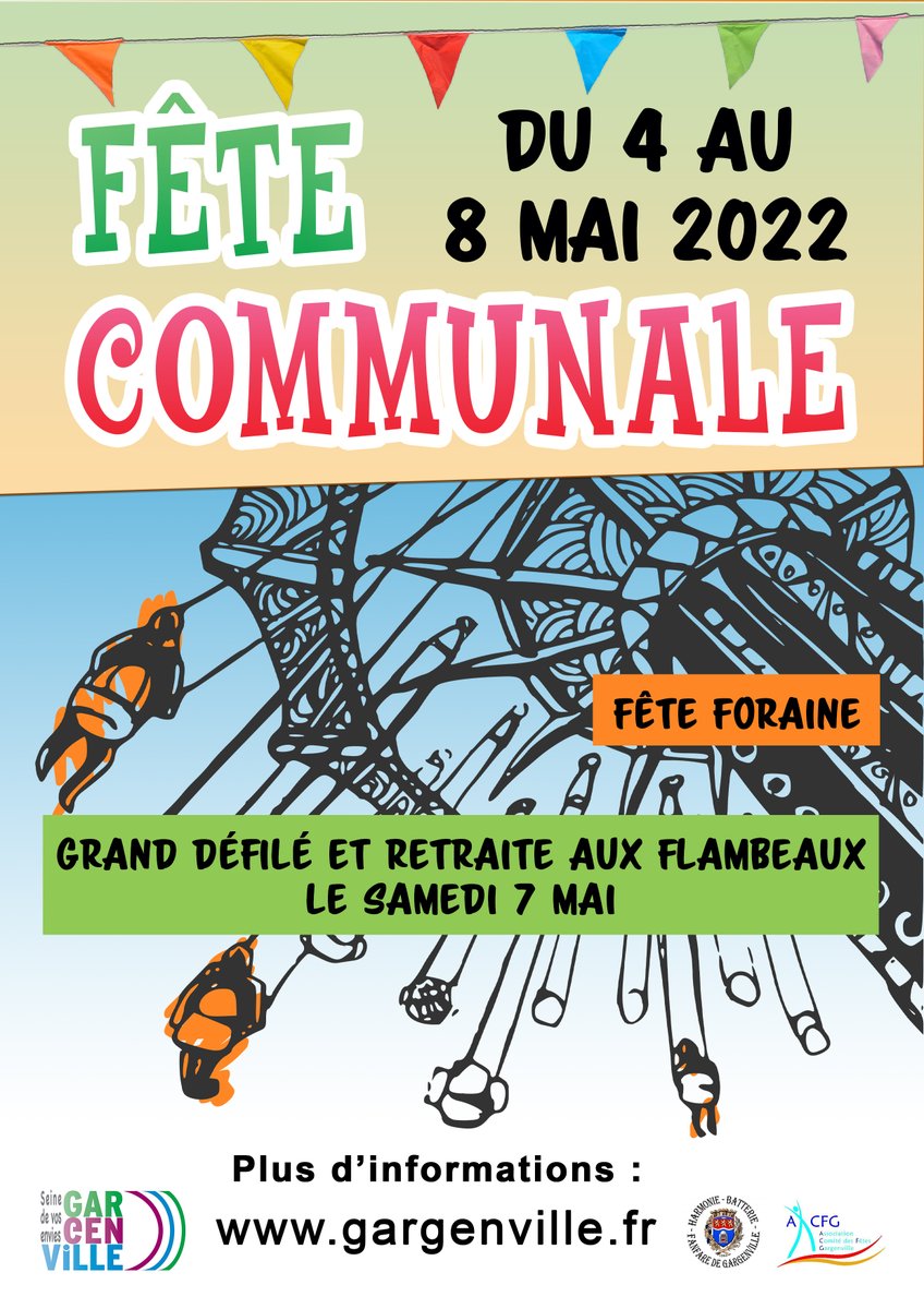 VGargenville's tweet photo. La #FêteCommunale fait son grand retour ! Du 4 au 8 mai 2022, la fête #foraine s'installera Place du 8 mai 1945 🎡 Temps fort à ne pas manquer : le grand #défilé communal et la #retraite aux #flambeaux samedi 7 mai, à partir de 20h30 🎉 
ℹ + d'infos : https://t.co/171bHxM8b1 https://t.co/gspKDalRqd